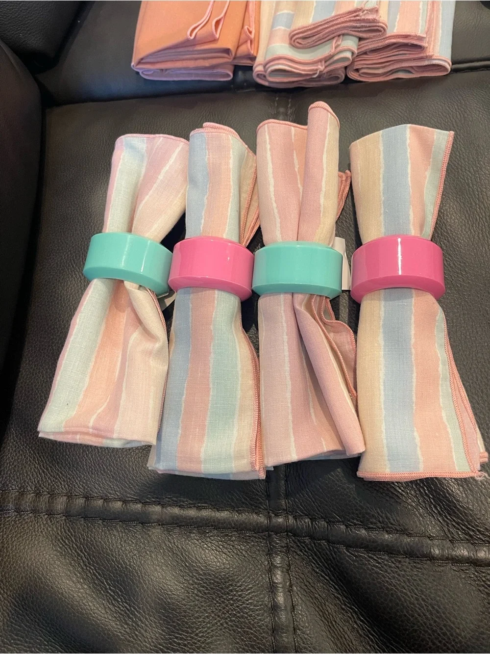 Striped Pastel Napkins and Rings vintage set of 4